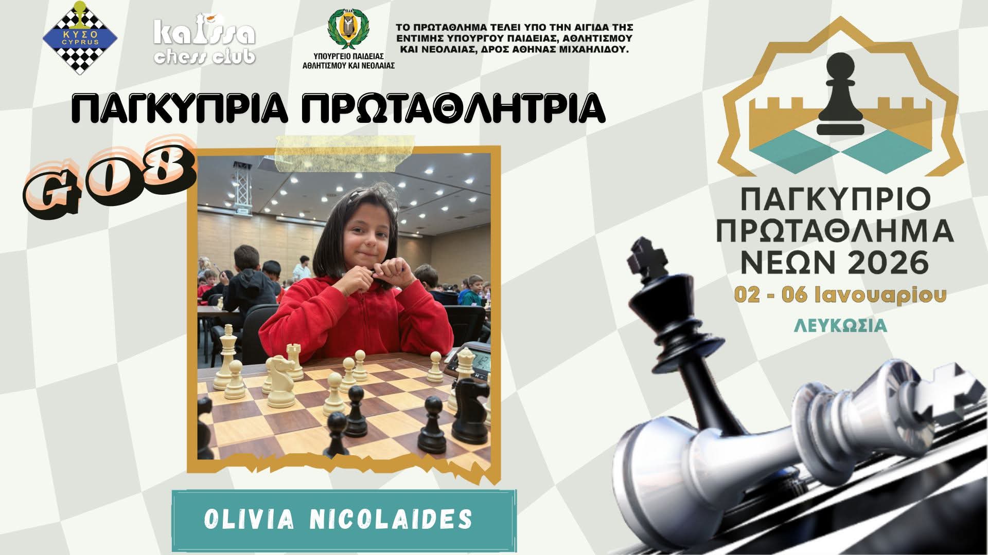 Παγκύπριο Νεανικό Πρωτάθλημα Σκακιού 2026 ανέδειξε τους 12 Πρωταθλητές Νέων Κύπρου, οι οποίοι κατέκτησαν τον τίτλο στις αντίστοιχες ηλικιακές κατηγορίες.  Θερμά συγχαρητήρια σε όλους τους Πρωταθλητές για τη σημαντική αυτή διάκριση, καθώς και σε όλους τους αθλητές που συμμετείχαν στο Πρωτάθλημα με αγωνιστικότητα και αθλητικό ήθος.